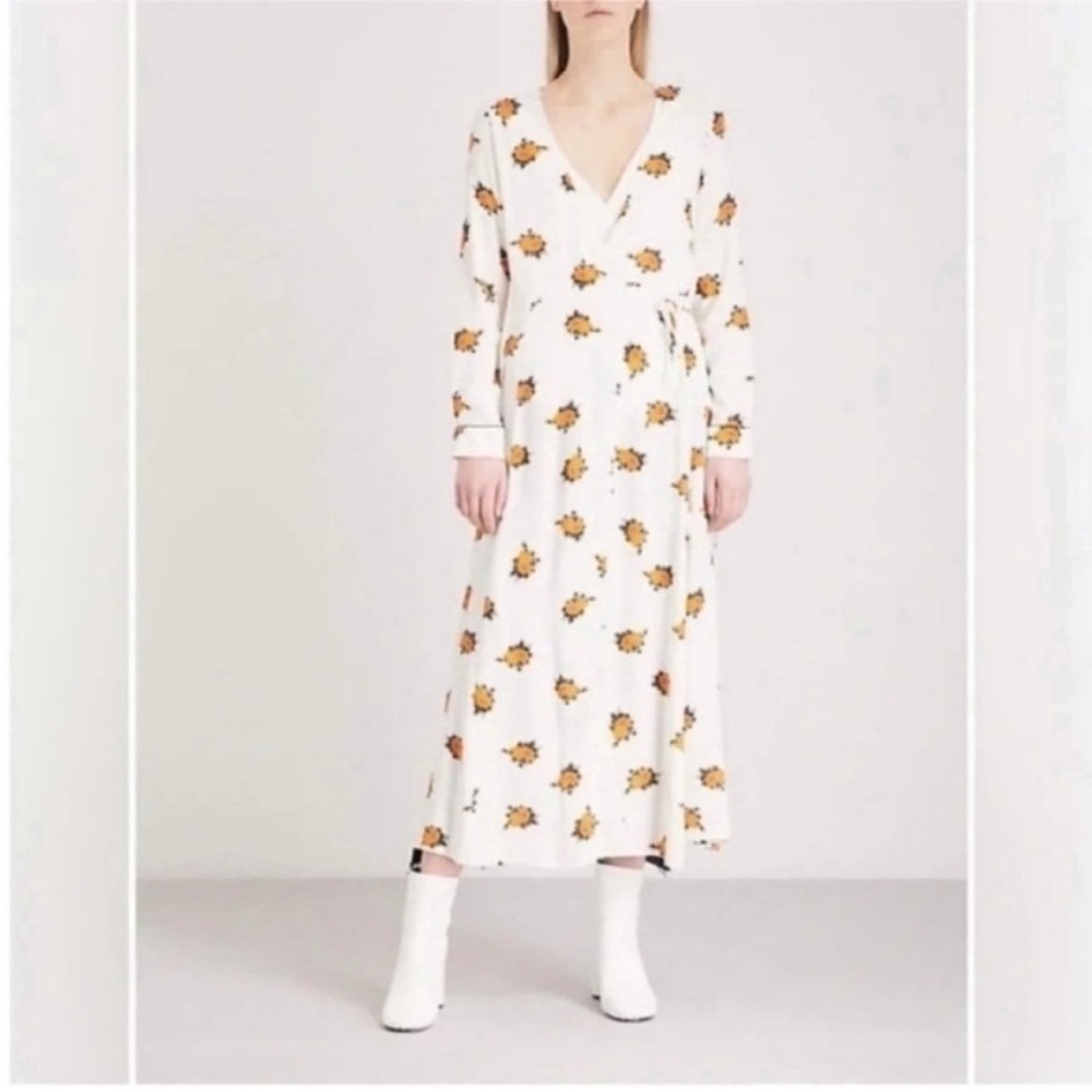 Ganni Roseburg Floral Crepe Midi Wrap Dress Vanilla Ice - Picture 4 of 11